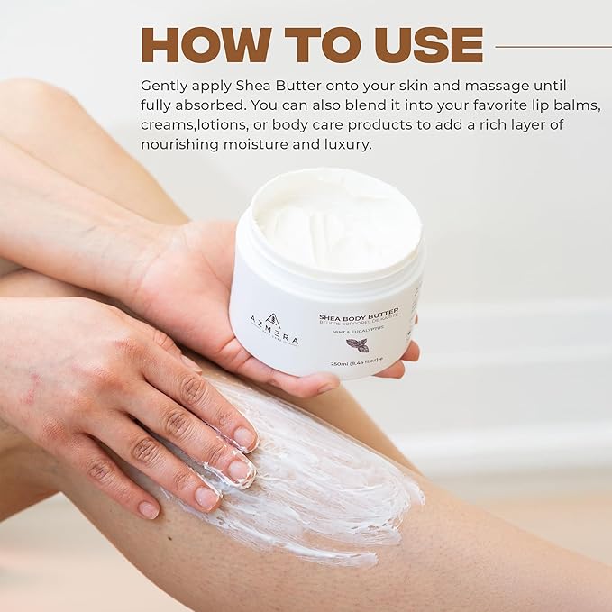 AZMERA Handcrafted Whipped Shea Body Butter – Refreshing Mint & Eucalyptus Scented Moisturizer for Dry, Sensitive Skin, Argan Oil & Vitamin E – Vegan, Non-Greasy Skincare – 8.82 oz