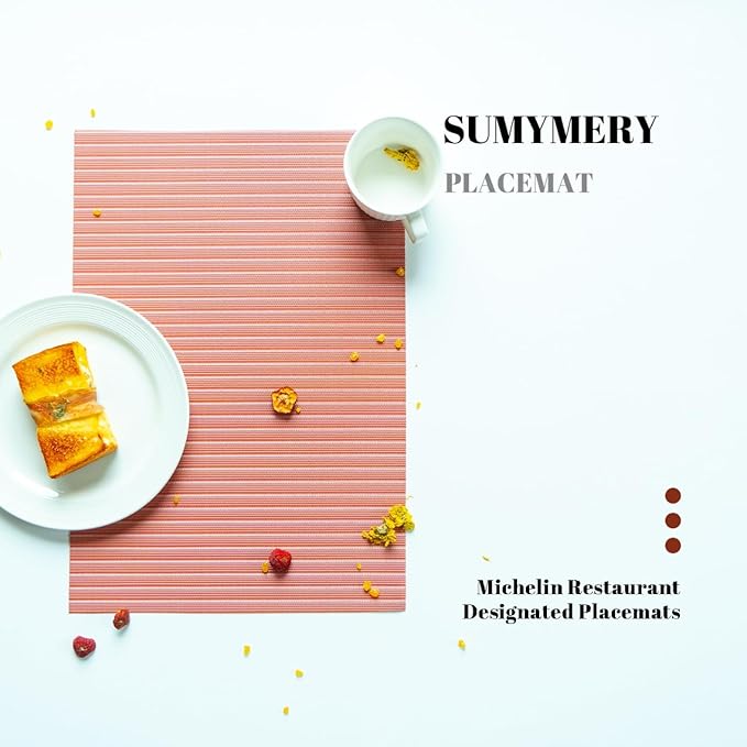 Placemats Set of 6 Vinyl/Plastic Woven Place Mats for Kitchen Table Indoor/Outdoor Washable Placemat Wipeable Dining Table Mats (Red Stripes,6)