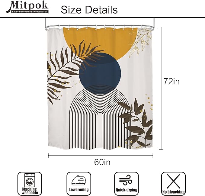 Navy Blue Yellow Boho Shower Curtain Modern Mid Century Abstract Gold Leaves Minimalist Vintage Plant Sun Bathroom Decor Geometric Arch 60Wx72H Bath Curtain Fabric Polyester 12 Pack Hooks