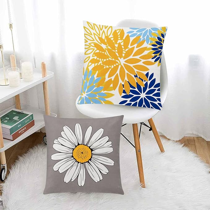 Blue Orange Pillow Covers 16x16 Set of 6, Yellow Blue Throw Pillow Cover for Couch, Daisy Dahlia Flower Pillowcase for Sofa Bedroom Living Room Farmhouse Home Decor