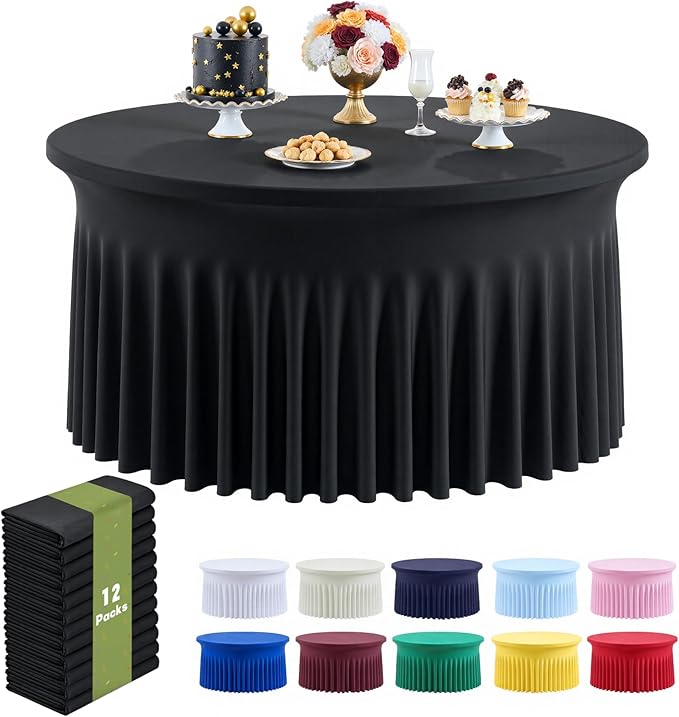 Outpain 12 Pack Black 72in/6FT Round Spandex Tablecloth,132inch Stretchy Fitted Black Table Cloths,Wrinkle Free Round Table Cloths with Skirt for Wedding Vendor Graduation Banquet