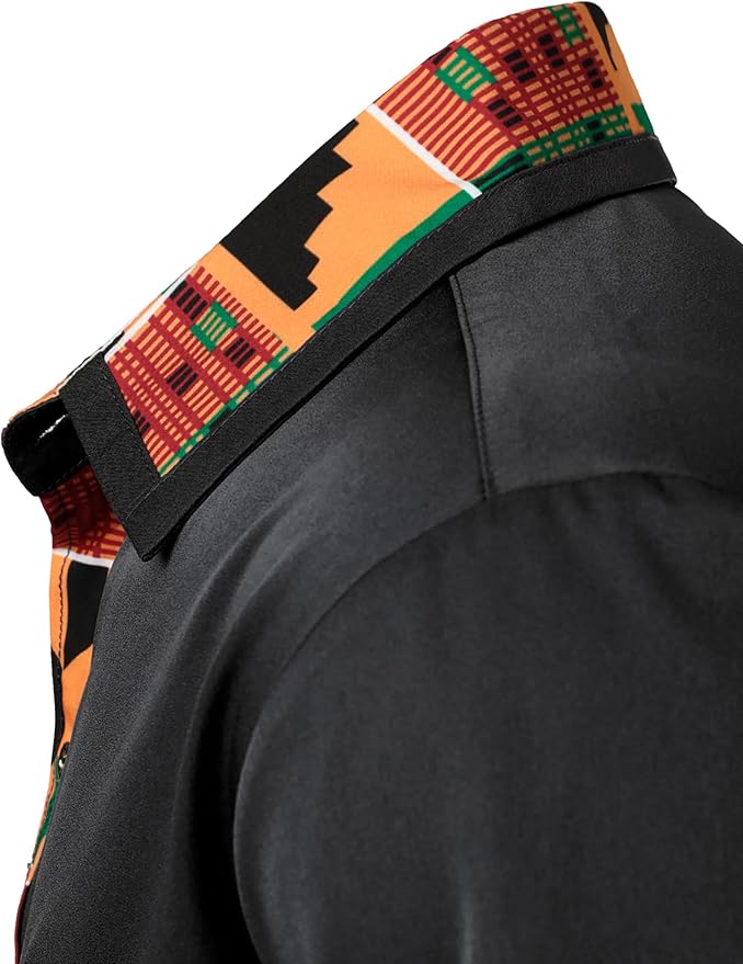 ZEROYAA Men's African Printed Patchwork Design Short Sleeve Button up Shirt