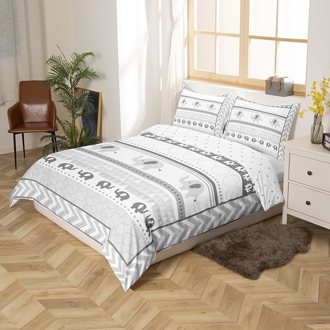 Kids Gray Elephant Duvet Cover Twin Size,Cartoon Cute Animals Print Comforter Cover Set for Kids Boys Girls,Geometric Grid Stripes Arrow Circle Bedding Quilt Cover Set Bedroom Decor, 2 Pieces