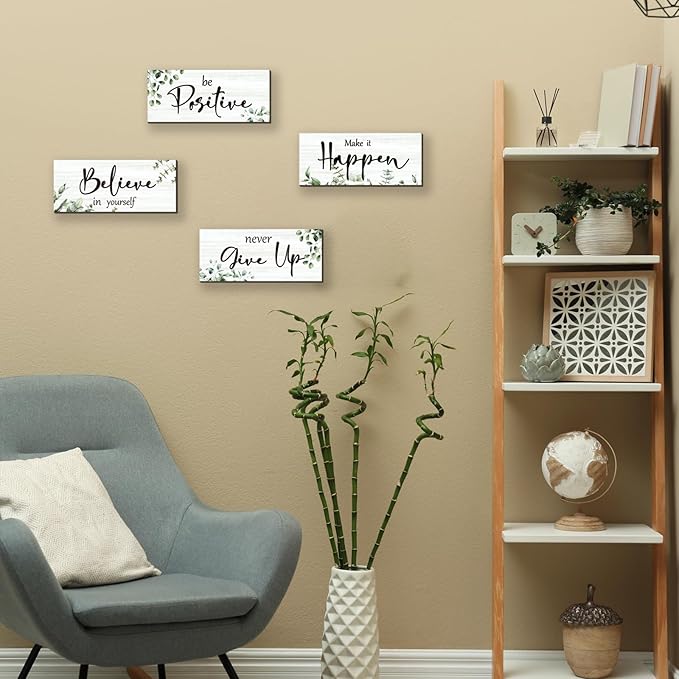 4 Pcs Green Office Decor For Women Motivational Wall Decor Inspirational Office Wall Decor With Positive Sayings Wooden Hangings for Home Office Bathroom Bedroom Kitchen(Green Leaf 10x4")