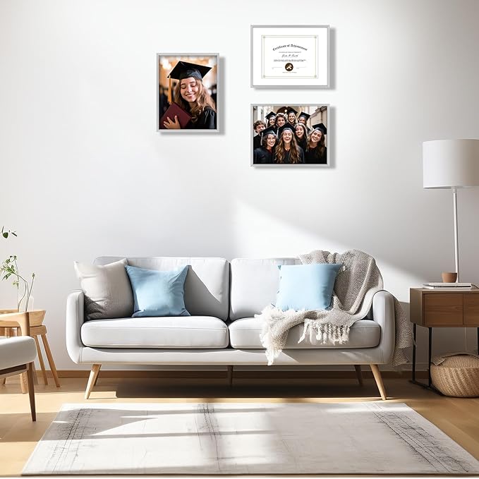 Golden State Art 14x11 Picture Frame 3 Pack - Aluminum Frames with 8.5x11 Removable Mats & Real Glass, Display 11x14 Photos or 8.5x11 Certificates - Silver Gallery Wall Frames for Home Office Decor