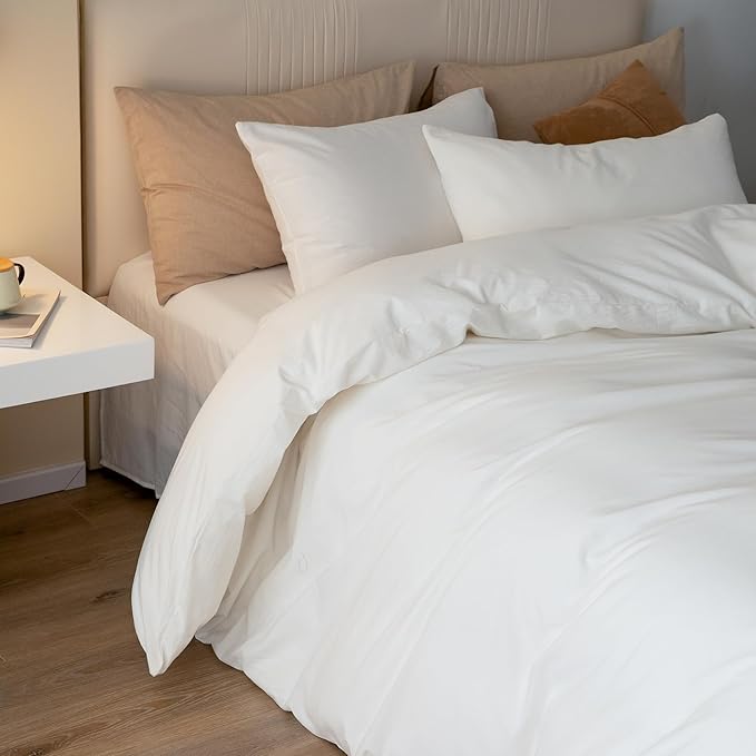 JIYUAN 100% Washed Cotton Duvet Cover Set 3 PCS Super King Plus, 1 Duvet Cover 120x120 Inches(Comforter Not Included) and 2 Pillowcases,Linen Feel Bedding Set Comfy and Breathable,Off White