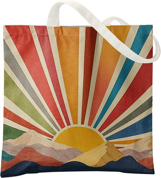 Boho Tote Bag Aesthetic, Minimalist Abstract Boho Terracotta Sun Sunshine Canvas Tote Bag for Women