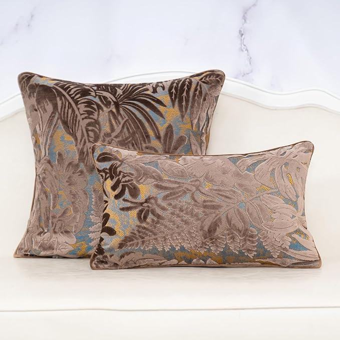 Alerfa Brown Throw Pillow Cover 18x18 Inch, Square Cut Velvet Maple Leaf Embroidery Luxury Farmhosue Accent Decorative Pillow Cover for Couch Living Room Bedroom