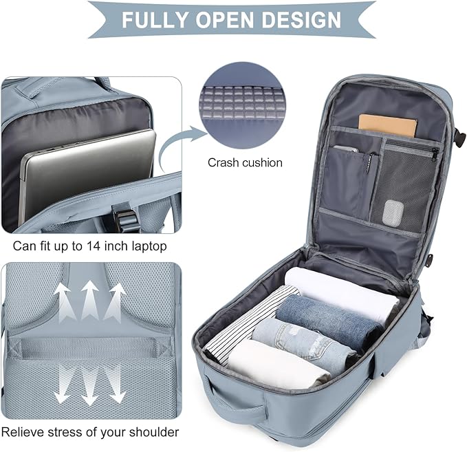 coowoz Large Travel Backpack For Women Men,Carry On Backpack Flight Approved,Hiking Backpack Waterproof Outdoor Rucksack Casual Daypack Fit 15.6 Inch Laptop Shoes Compartment (Gray Blue-L)