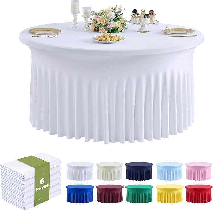 Outpain 6 Pack White Round Spandex Tablecloths for 60in Tables, 120Inch Stretchy Fitted 5FT Round Table Clothes,Wrinkle Free Table Cover with Skirt for Wedding Party Dining Banquet