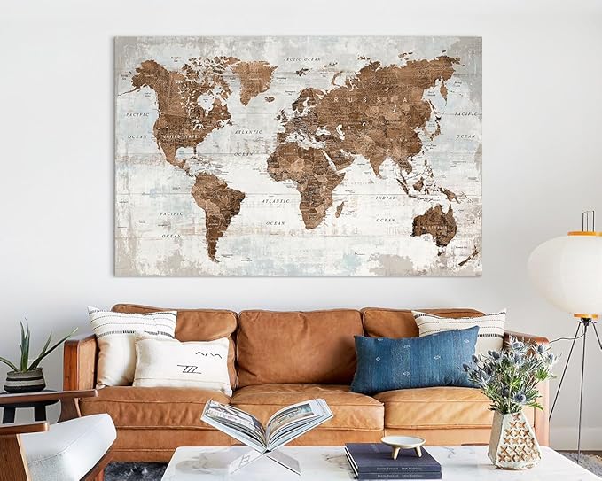 Pictures for Living Room Wall Decoration Canvas Large Wall Art Mens Office Brwon Travel Map Decor Tan Artwork