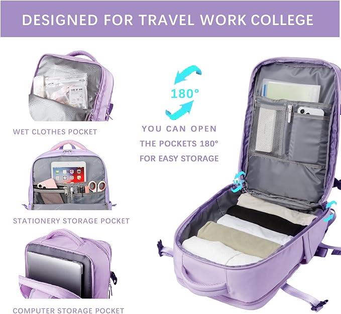 SHRRADOO Travel Laptops Backpack for Women Men, Casual Work Bag 17inch High School College Backpack Airline Approved Backpack for Hiking Business (Light Purple)