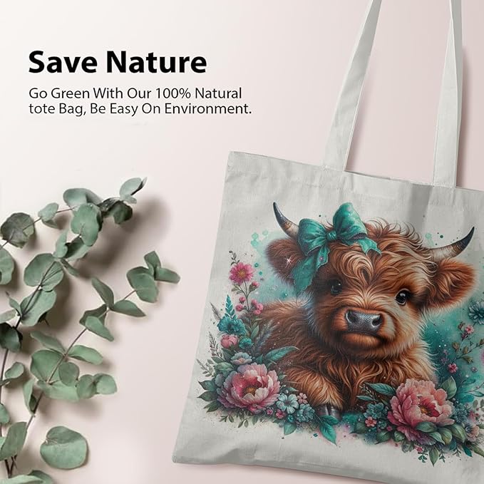 Western Highland Cow Canvas Tote Bag - Highland Cow Lover Gifts,Canvas Shoulder Bag for Women for Girls