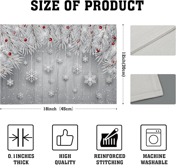 Giwawa Winter Snowflakes Placemats Set of 4 Christmas Silver Snows Xmas Tree Red Berries Linen Table Place Mats Seasonal Non-Slip Heat Resistance 12"x18" for Dining Kitchen Holiday New Year Decor