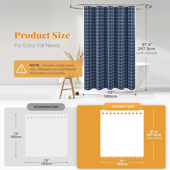 BTTN Extra Long Shower Curtain - 72x96 Inch Long Boho Chic Linen Fabric Heavy Duty Shower Curtain Set with Hooks, Tall Bohemian Farmhouse Shabby Chic Tassel Shower Curtains for Bathroom - Navy Blue
