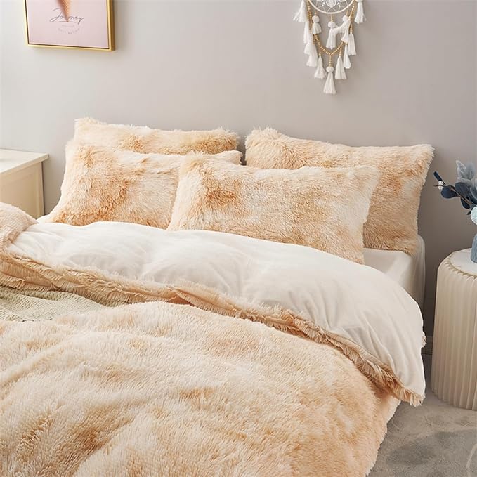 MorroMorn 5 PCS Shaggy Duvet Cover Bedding Set - Fluffy Comforter Cover Long Faux Fur Luxury Ultra Soft Cozy (Marble Beige, Full/Queen)
