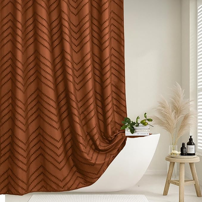 Extra Long Orange Boho Shower Curtain 96 inch Shower Curtain, Tufted Chevron Striped Chic Textured Minimalist Bathroom Shower Curtains