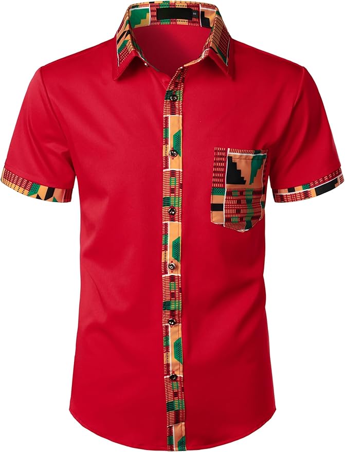 ZEROYAA Men's African Printed Patchwork Design Short Sleeve Button up Shirt