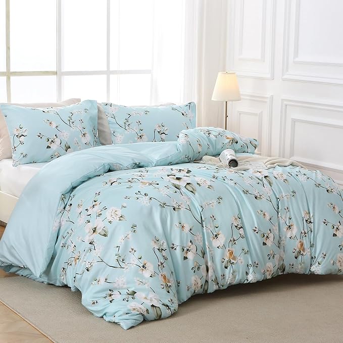 MUXHOMO Duvet Cover King Size, Reversible Floral Vintage Duvet Cover Set with Zipper Closure, 3 Pieces Botanical Patterns Soft Microfiber Bedding Set (90"x104", 2 Pillow Cases 20"×36", Ceiba Blue)