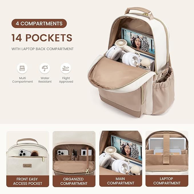 LOVEVOOK Laptop Backpack for Women with Pouch Pocket for Large Capacity Cup,15.6 Inch Laptop Computer Bag Travel Backpack Purse,Waterproof Work Business Backpack College Teacher Bags,Beige-Khaki