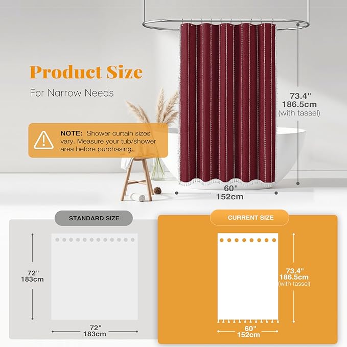 BTTN Stall Shower Curtain - 60x72 Narrow Boho Farmhouse Linen Vintage Striped Fabric Shower Curtain Set with 10 Hook, Bohemian Cottage Decorative Weighted Cloth Shower Curtains for Bathroom - Burgundy