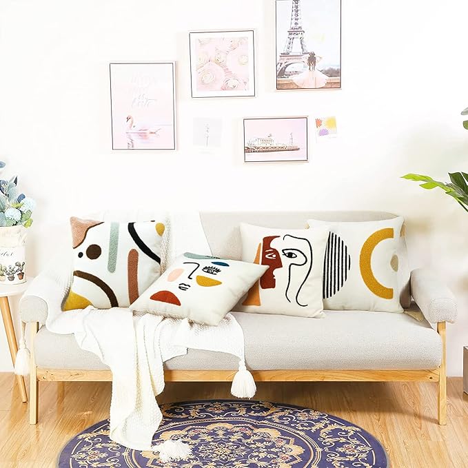 Merrycolor Colorful Boho Throw Pillow Covers 18x18 inch Tufted Modern Abstract Line Art Cute Pillows for Bedroom Aesthetic Embroidered Decorative Pillow Cases for Couch Sofa Bedroom Living Room,1PC