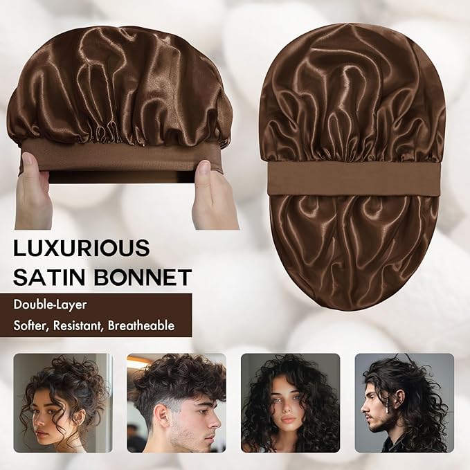Satin Silk Bonnet for Sleeping, Double Layer Silk Sleep Cap for Men & Women, Soft Satin Lined Bonnet for Natural & Curly Hair(Dark Brown)