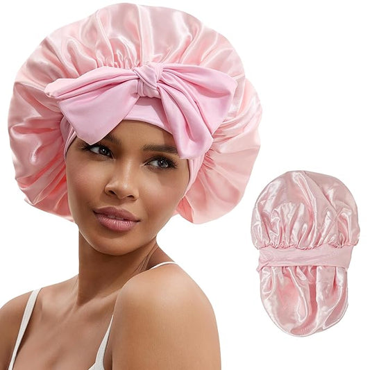 Silk Bonnet for Sleeping Women Satin Hair Cap with Tie Brand Curly Hair Sleep Protection Silk Head Wrap Double Layer - Pink