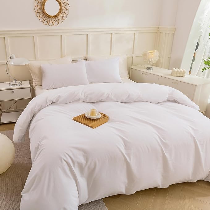 ECOCOTT White Duvet Cover King Size - 100% Washed Cotton Durable Soft Comfy Duvet Cover Set, Lightweight and Breathable with Zipper Closure & Corner Ties (White, 104''x90'')