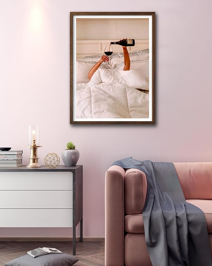 EcoHest Woman Drinking Wine in Bed Framed Wall Art Walnut Color, 12x16 in OAK Wood Feminist Alcohol Canvas Art, Trendy Teen Girl Bar Cart Print College Room Decor Set of 1 For Bedroom Living Room