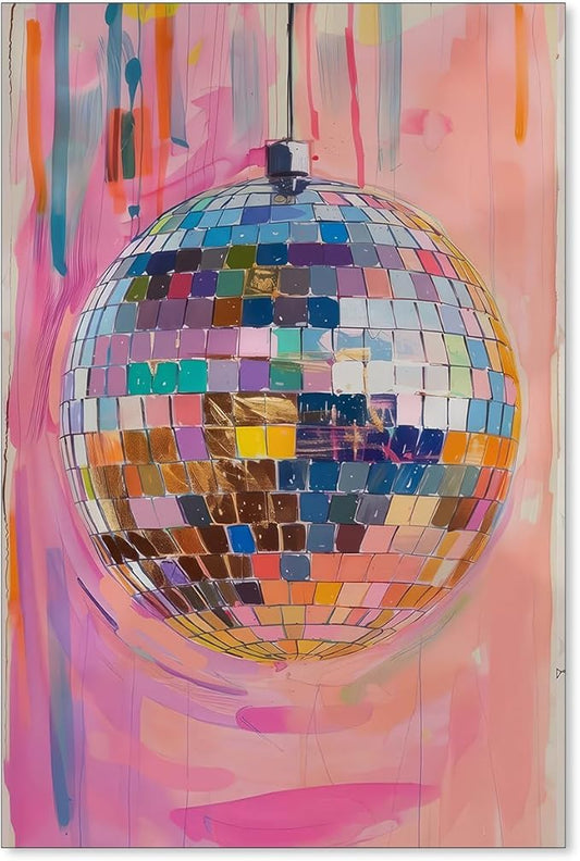 Sufeasdf Retro Pink Disco Ball Posters Cool Y2k Aesthetic Canvas Wall Art Fashion Pink and Orange Disco Ball Painting Prints for Girly Wall Decor 24x36 inch Unframed