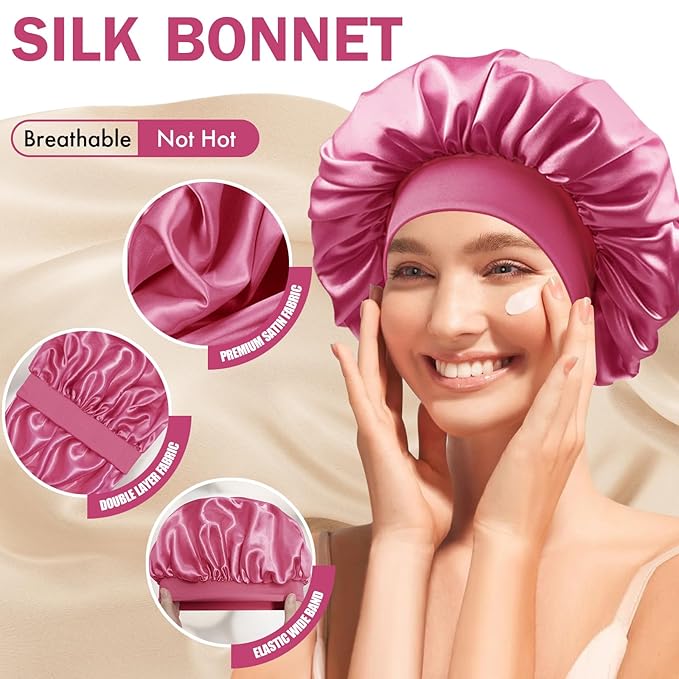Satin Silk Bonnet for Sleeping, Double Layer Silk Sleep Cap for Men & Women, Soft Satin Lined Bonnet for Natural & Curly Hair(Hot Pink)