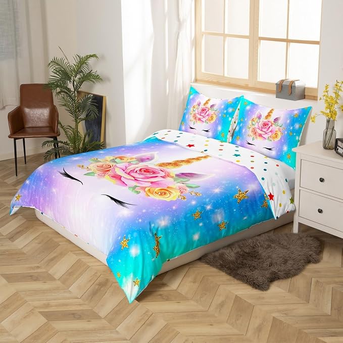 Castle Fairy Unicorn Comforter Cover Twin Size, Cute Rainbow Watercolor Print Bedding Set Kids Girls Girly Animal Themed Sweet Duvet Cover with 1 Pillowcase, Soft Fashion Microfiber