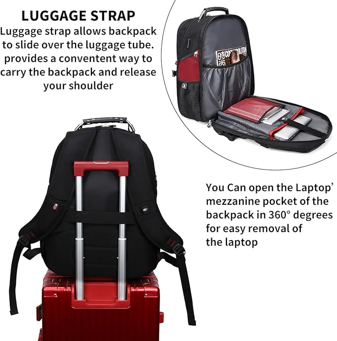 SHRRADOO Extra Large 50L Travel Laptop Backpack with USB Charging Port, College High School Backpack Airline Approved Business Work Bag Fit 17 Inch Laptops for Men Women,Red