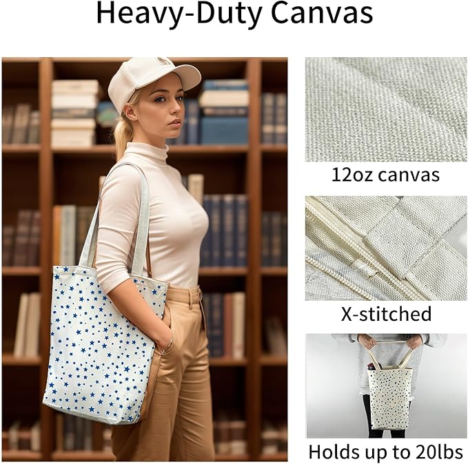 Tote Bag for Women, Reusable Zippered Canvas Bag with Handles Pocket Thick Canvas, for Grocery Shopping Beach Gift