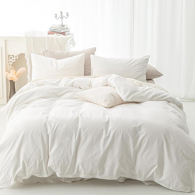 FOSSA Duvet Cover Set 100% Washed Cotton Linen Feel Super Soft Breathable Cozy 3 Pieces Bedding Sets Solid Off White California King