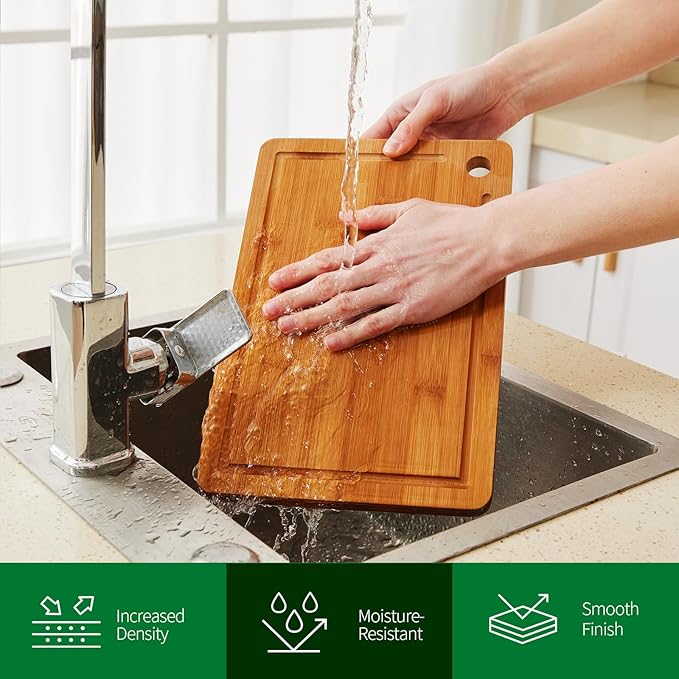 Bamboo cutting boards for home and kitchen,chopping board with juice groove,hanging hole and handles,for charcuterie,meat,bread,cheese,fruit and vegetables,carbonized bamboo, Set of 3(S+M+L)