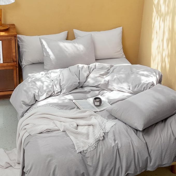 FOSSA Duvet Cover Set 100% Washed Cotton Linen Feel Super Soft Breathable Cozy 3 Pieces Bedding Sets Solid Grayish Queen