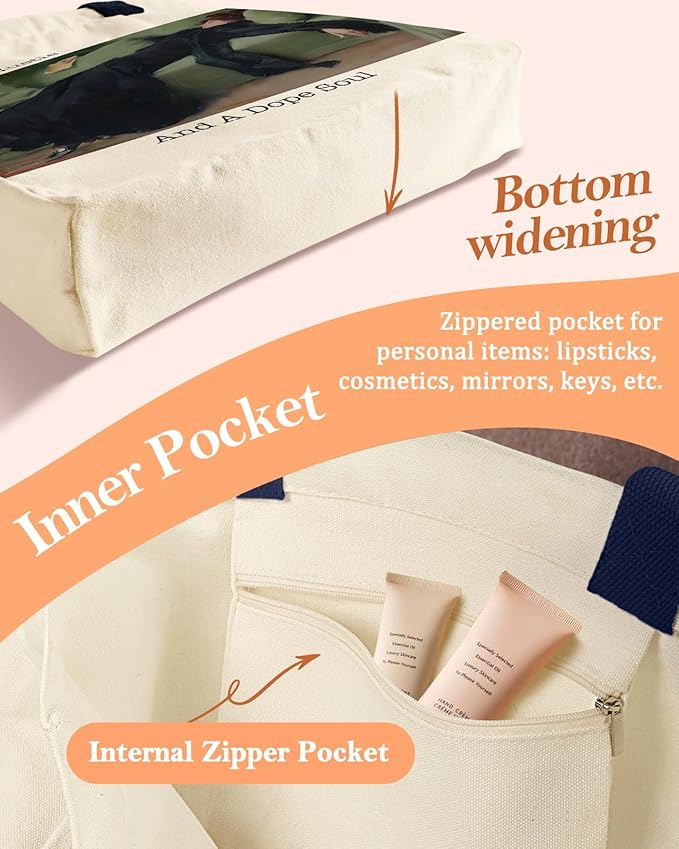 Aesthetic Heavy Canvas Tote Bag with Pocket for Women, Cloth Gusseted Totes Bag with Pattern for Shopping