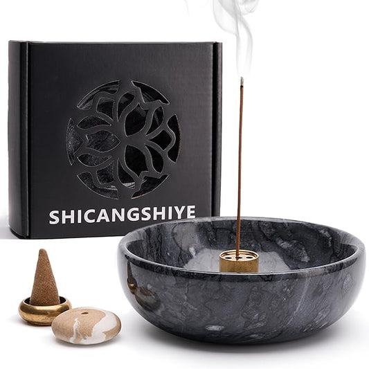 Marble Incense Holder Bowl with Brass Burner – Natural Hand-Polished Stone Incense Burner for Sticks, Cones, Palo Santo & Sage – Ash Catcher for Meditation, Yoga & Home Decor