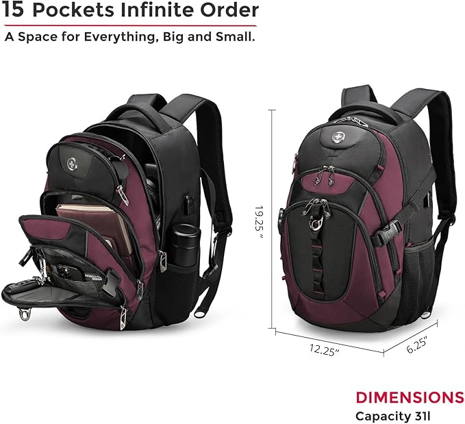 Swissdigital Design Laptop Backpack with USB Charging Port, Travel Backpack Fits 15.6 inches Computer, 31L College School Backpack for Women, Burgundy/Black | SD803