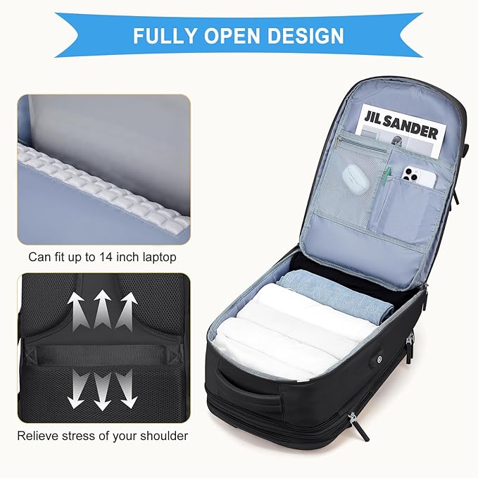 coowoz Large Travel Backpack For Women Men, Carry On Backpack,Hiking Backpack Waterproof Outdoor Sports Rucksack Casual Daypack Expandable Heavy Duty Extra large Backpack Black Expansion