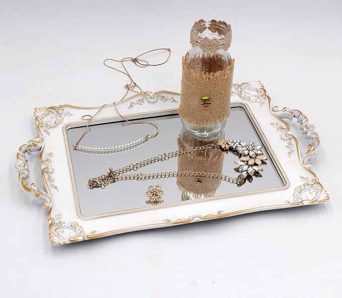 Antique Decorative Gold Framed Square Mirror Tray, Jewelry & Cosmetics Organizer for Dresser, Square - 9.5" W x 14.5" L (White)