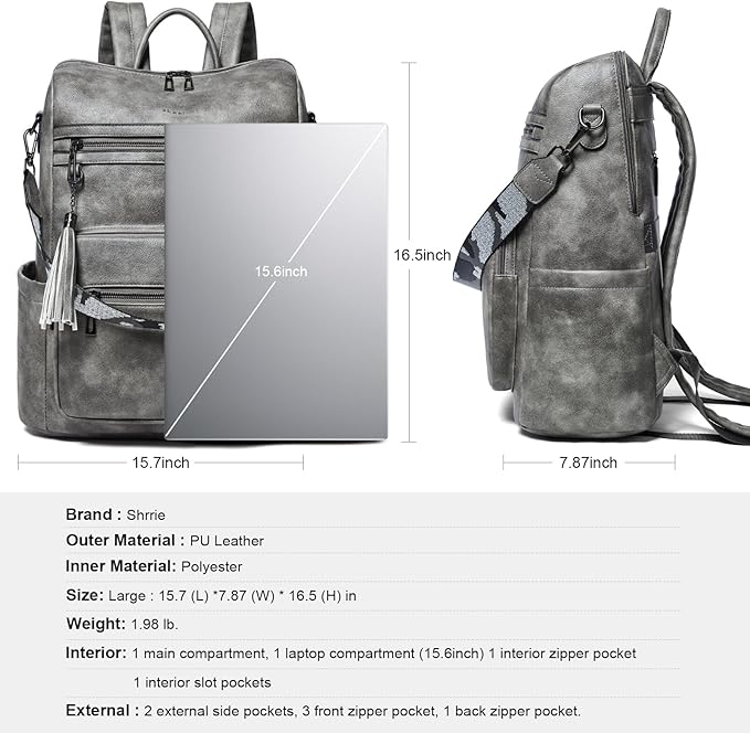 Shrrie 15.6 inch Laptop Backpack for Women,Large Leather Purse,Travel Backpacks Carry on,Water Resistant Casual Laptop Backpacks,College Backpack,Work Backpack for Women,Two-toned Deep Gray
