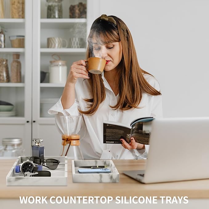 BBK Bathroom Vanity Tray - 2 Pack (7.8" and 11.8") Silicone Bathroom Trays for Counter, Perfume Key Trinket Ring Tray, Decor Soap Dispenser Countertop Tray for Kitchen Sink Organization (Marble Gray)