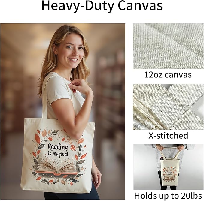 Canvas Tote Bag for Women, Aesthetic Tote Bag with Zipper Pocket for Grocery Travel Work Gift, Canvas Shopping Bag