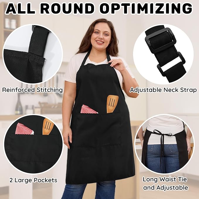 4 Pack Plus Size Chef Aprons, Large Kitchen Apron with 2 Pockets, Adjustable Waterproof Black Apron for Big Men and Women for Cooking, Baking, Cleaning, Gardening, BBQ