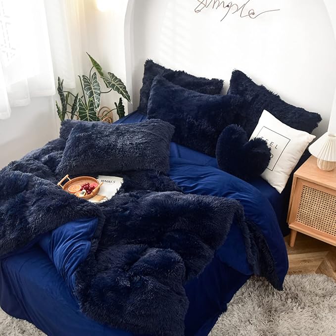 MorroMorn 5 PCS Shaggy Duvet Cover Bedding Set - Long Faux Fur Luxury Ultra Soft (Navy, Full/Queen)