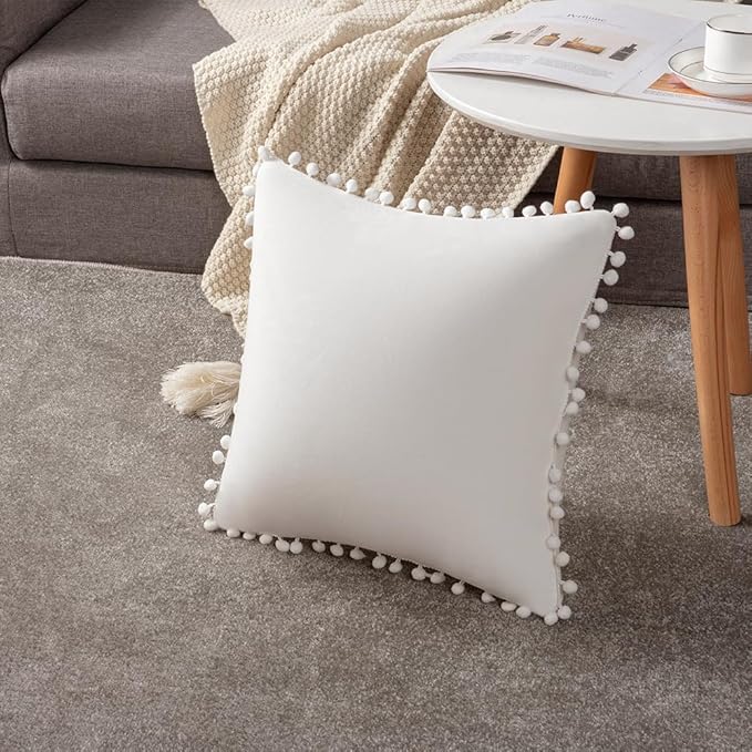 DEZENE Decorative Pillow Cases 18x18 Cream White: 2 Pack Cozy Soft Pom-poms Velvet Square Throw Pillow Covers for Farmhouse Home Decor