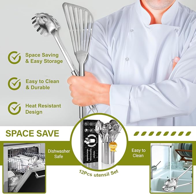 Stainless Steel Kitchen Utensils Set - 12pcs Cooking Utensils Set with Holder, Heat Resistant Kitchen Tool Set for Cooking with Turners, Potato Masher, Spatula, Spoons, Tongs, Whisk